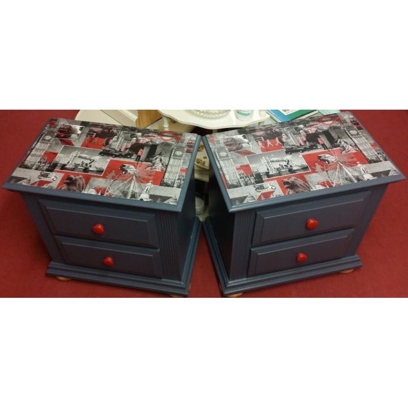 Pair of Quality American Soft & Hardwood Bedside Drawers - Painted and Decoupaged