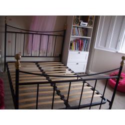 Double 4ft 6" black metal bed frame with wooden slats brass effect knobs. Mattress NOT included