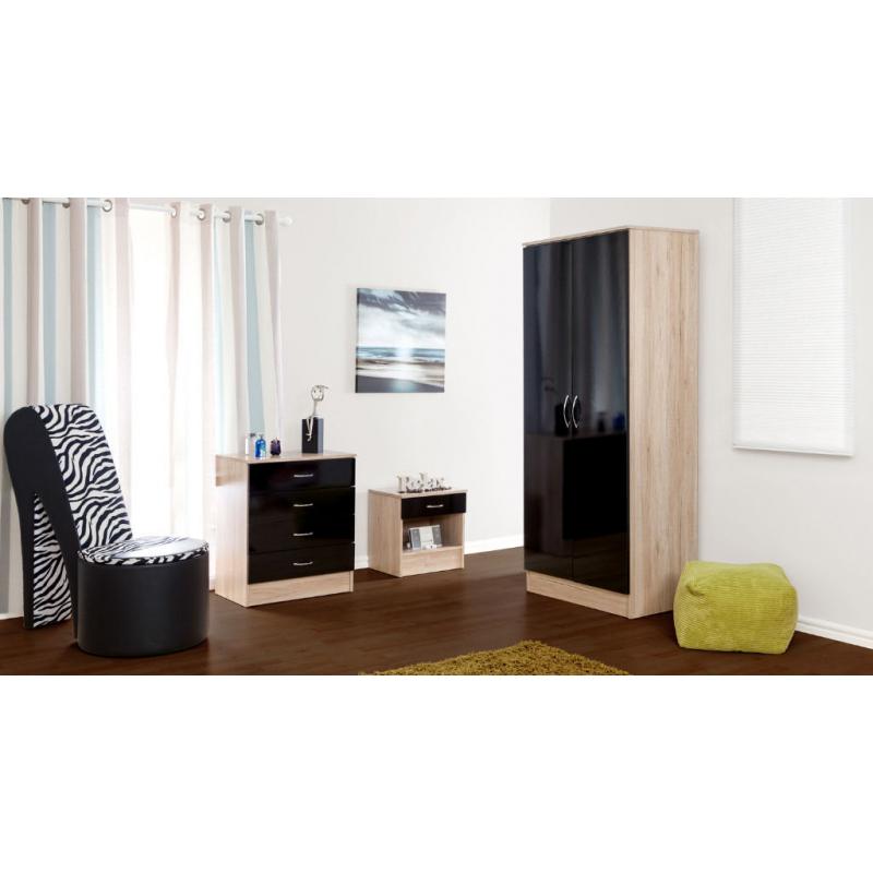 Black/Serrano oak 3 piece bedroom set - wardrobe, chest of drawers, bedside cabinet