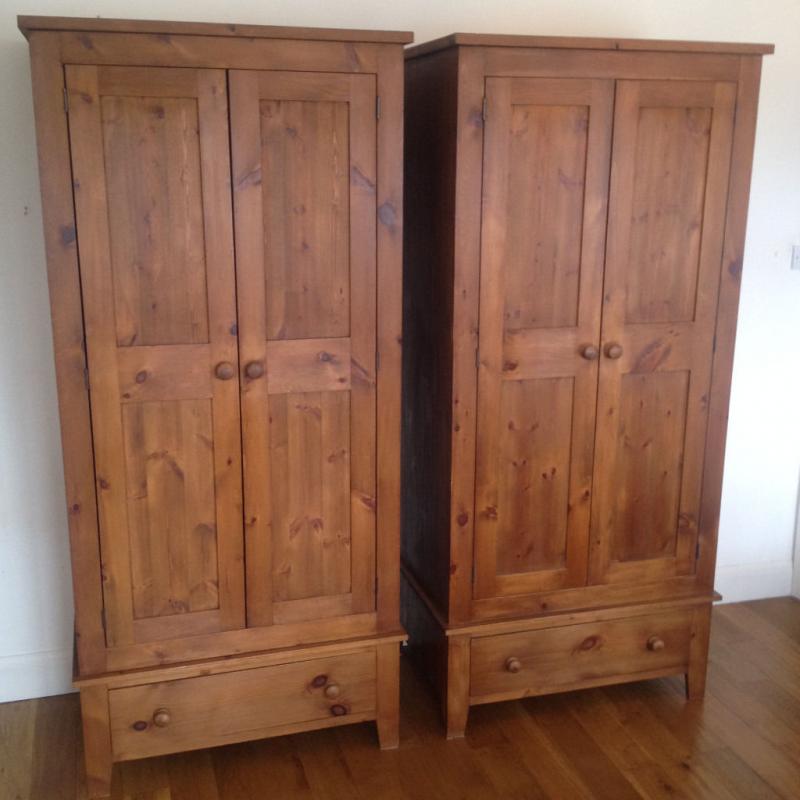 Two Soild Victorian Style Pine Wood Wardrobes With Bottom Draws