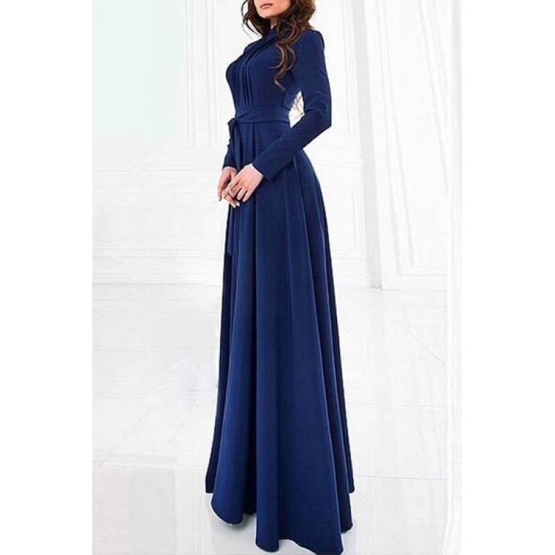 Zaful Solid Color Stand Neck Long Sleeve Maxi Dress