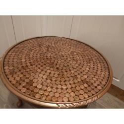 Custom finished antique round coffee table, money, penny resin table