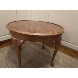 Custom finished antique round coffee table, money, penny resin table