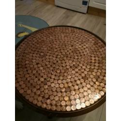 Custom finished antique round coffee table, money, penny resin table